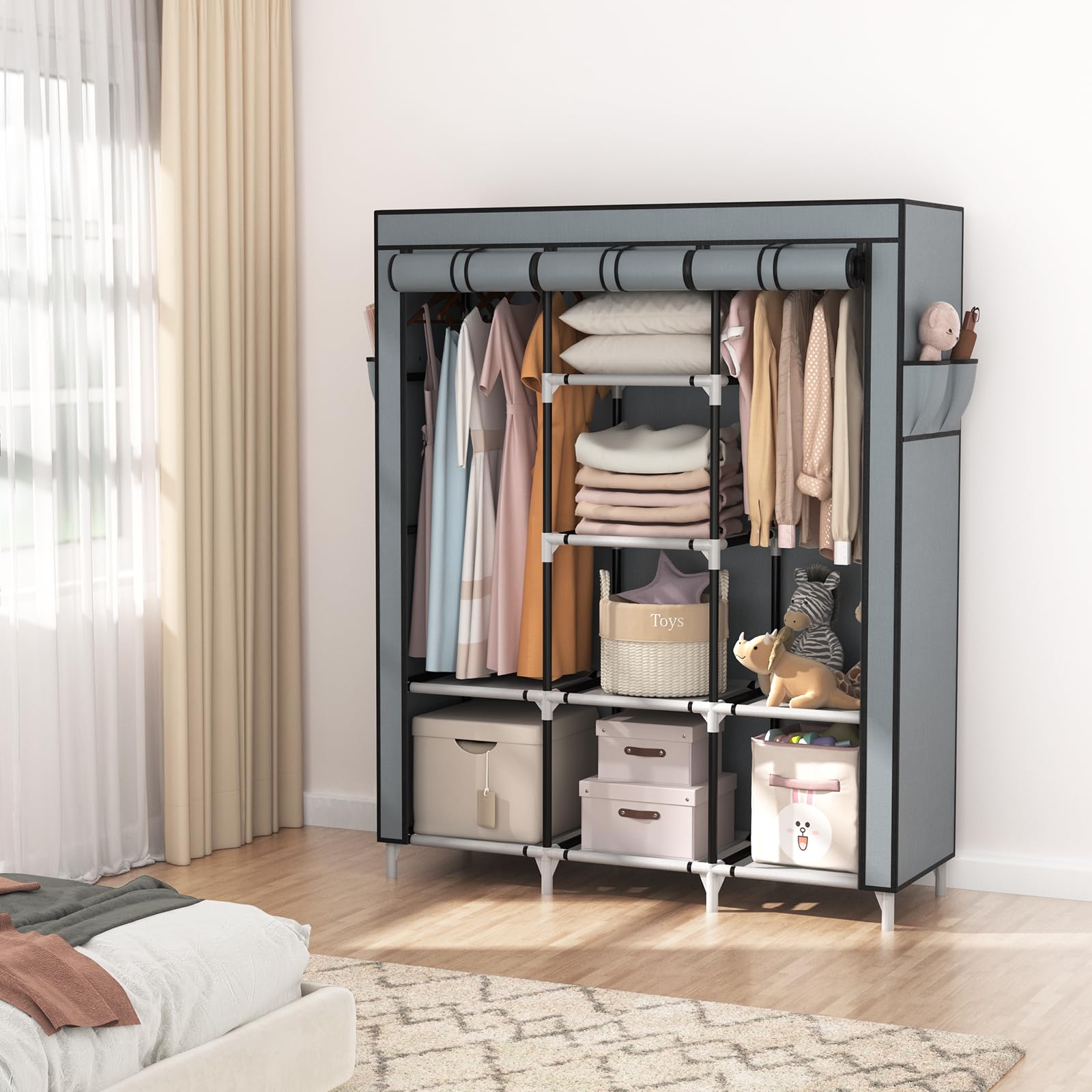 VTRIN wardrobe with eight shelves for linens, bags, and accessories.