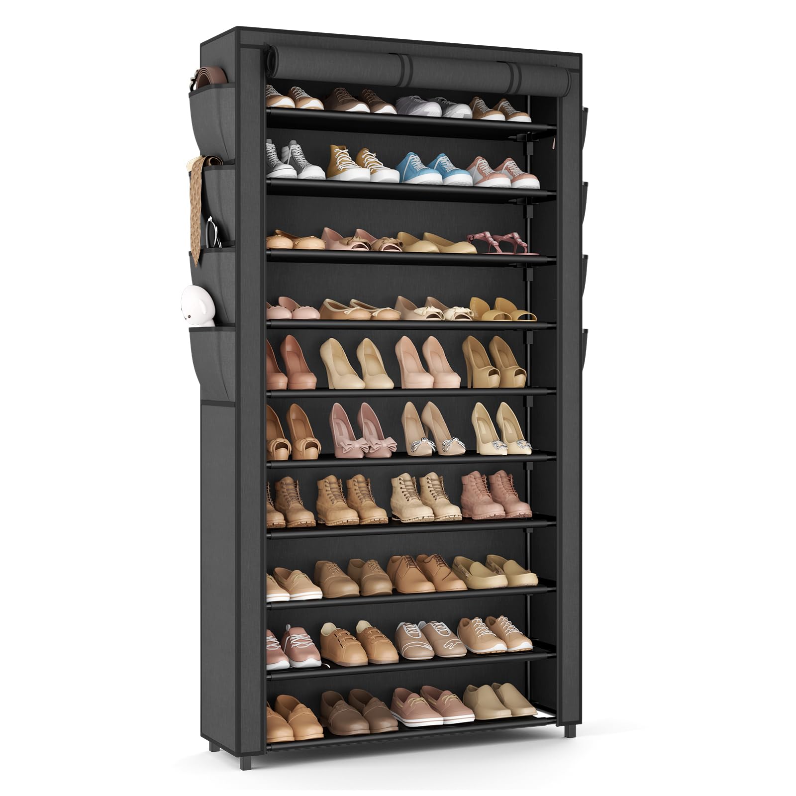 VTRIN tall shoe rack with dustproof cover, front close-up, organized footwear