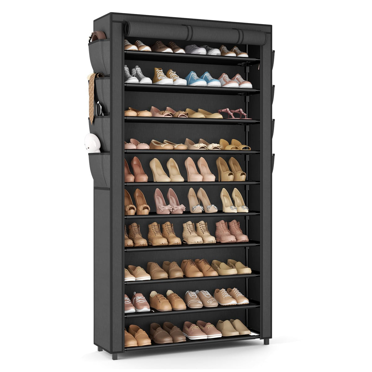 VTRIN tall shoe rack with dustproof cover, front close-up, organized footwear