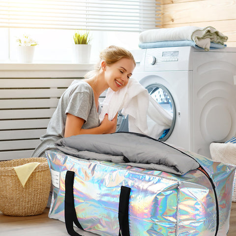 VTSVTS iridescent storage bag holds clothes and bedding for dorms or home moves.