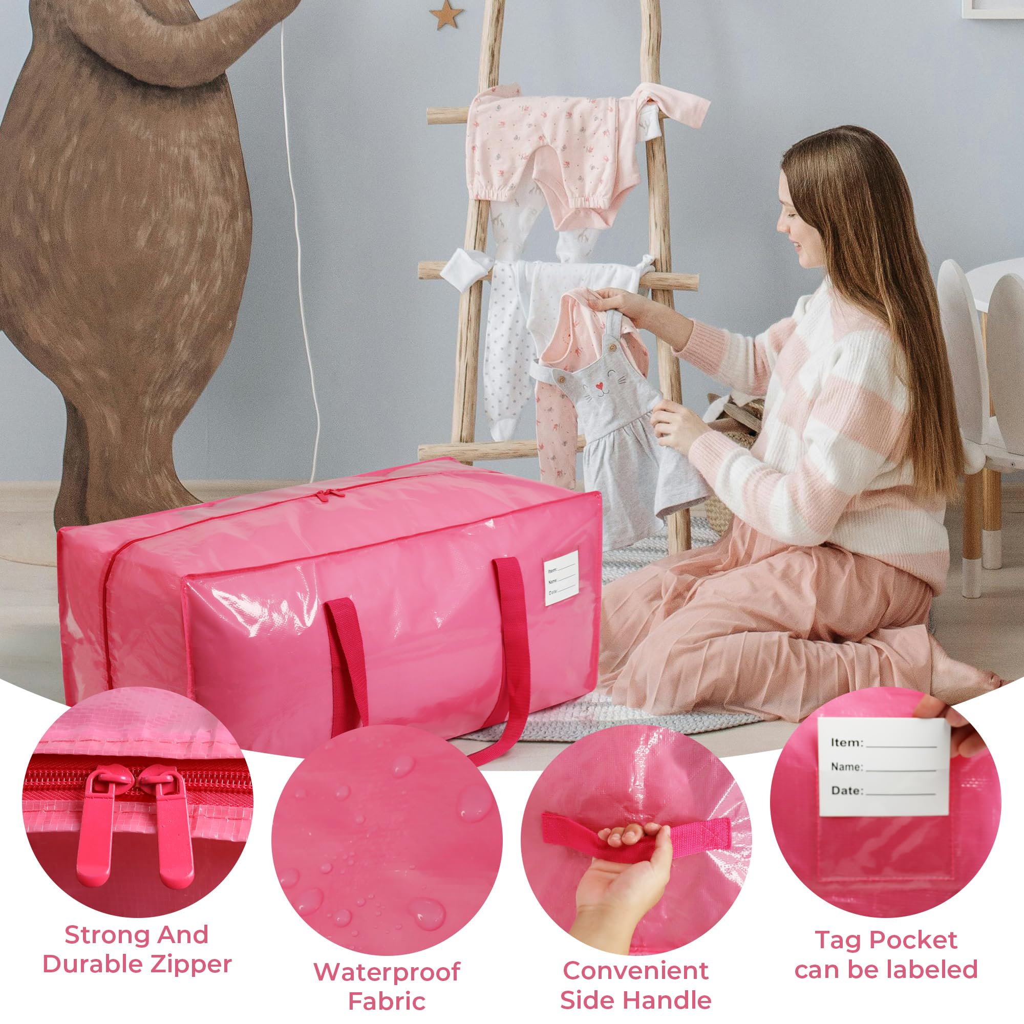 VTSVTS pink moving bag handle detail emphasizes reinforced grip.