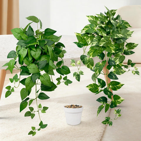 Vuahaul artificial hanging plant with ivy leaves in a white pot for year-round greenery.