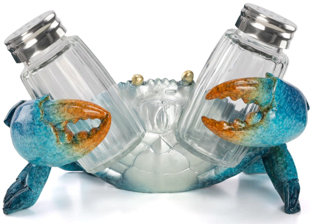 VVGIFTS blue crab salt and pepper holder on a coastal kitchen display