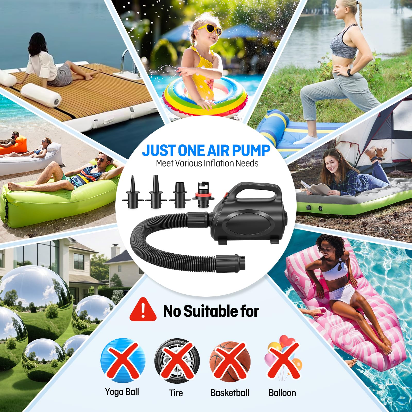 Pump with storage bag keeping inflatables organized.