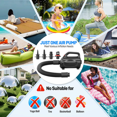Pump with storage bag keeping inflatables organized.