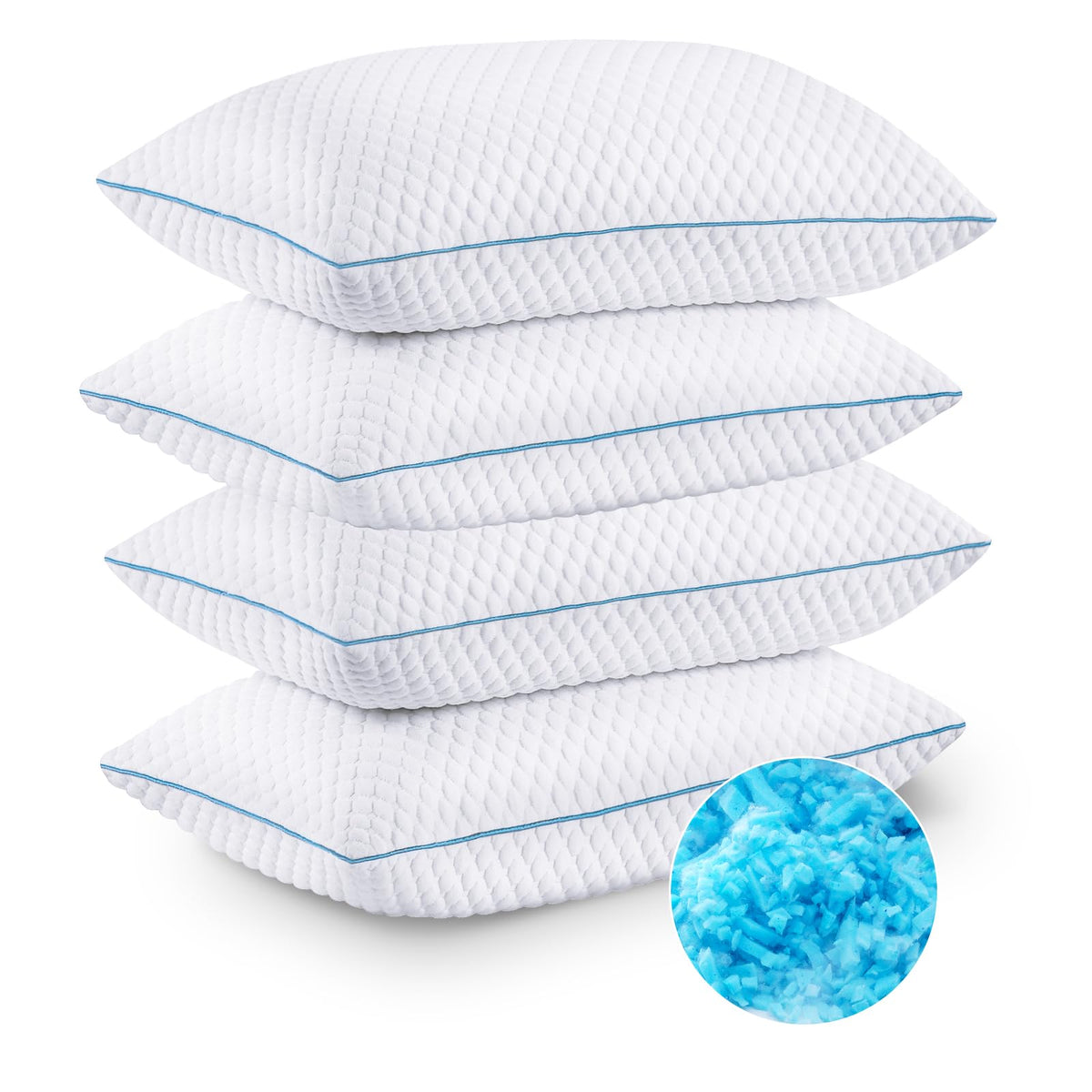 VVZ cooling bed pillow top view with four pillows and adjustable loft for comfort.