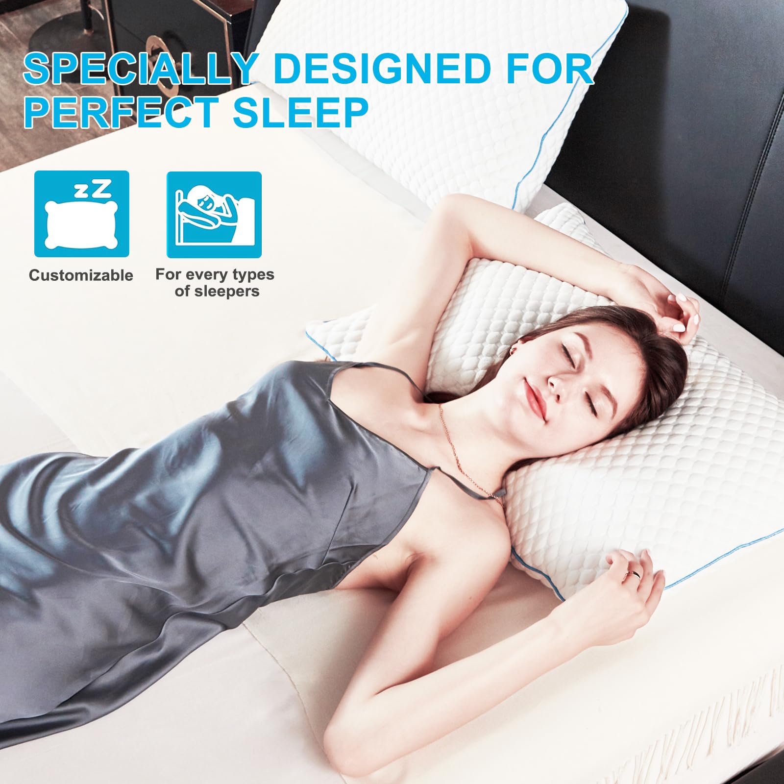 VVZ packaging for cooling bed pillows, easy care features shown