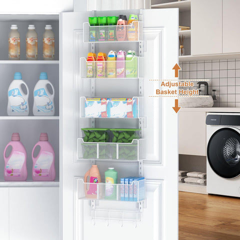VyGrow adjustable baskets maximize space behind a door for groceries and toiletries.