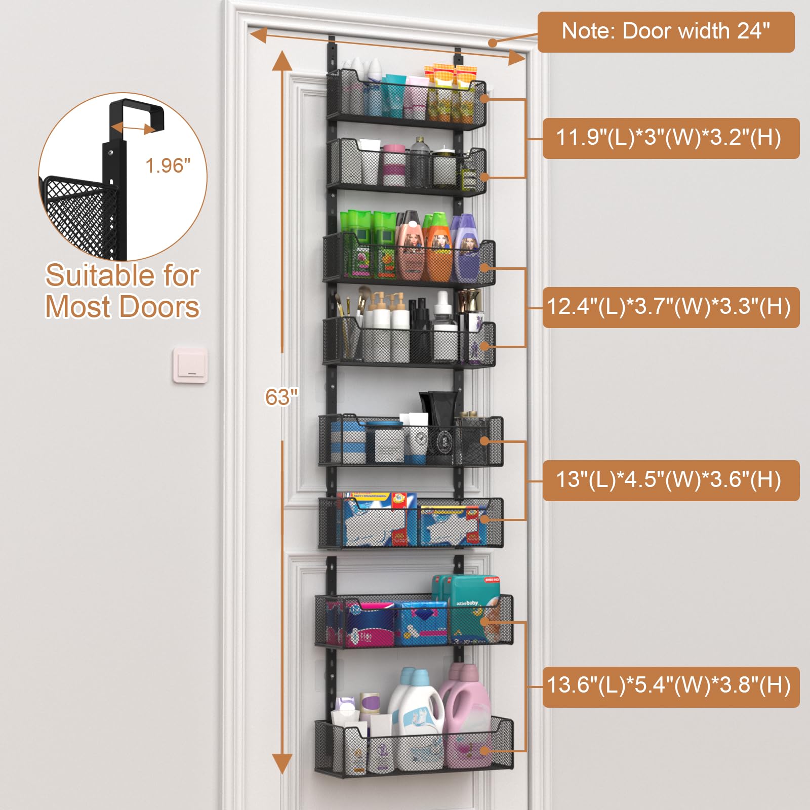 VyGrow pantry door organizer displays adjustable baskets for groceries and spices.