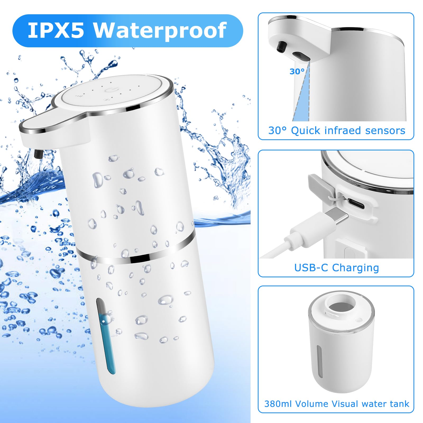 VZZNN wall-mounted soap dispenser IPX5 rated for damp bathroom zones