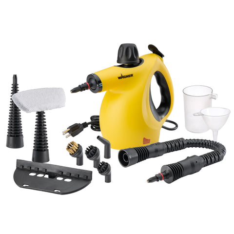 Wagner 505e handheld steamer on counter for chemical-free surface cleaning.