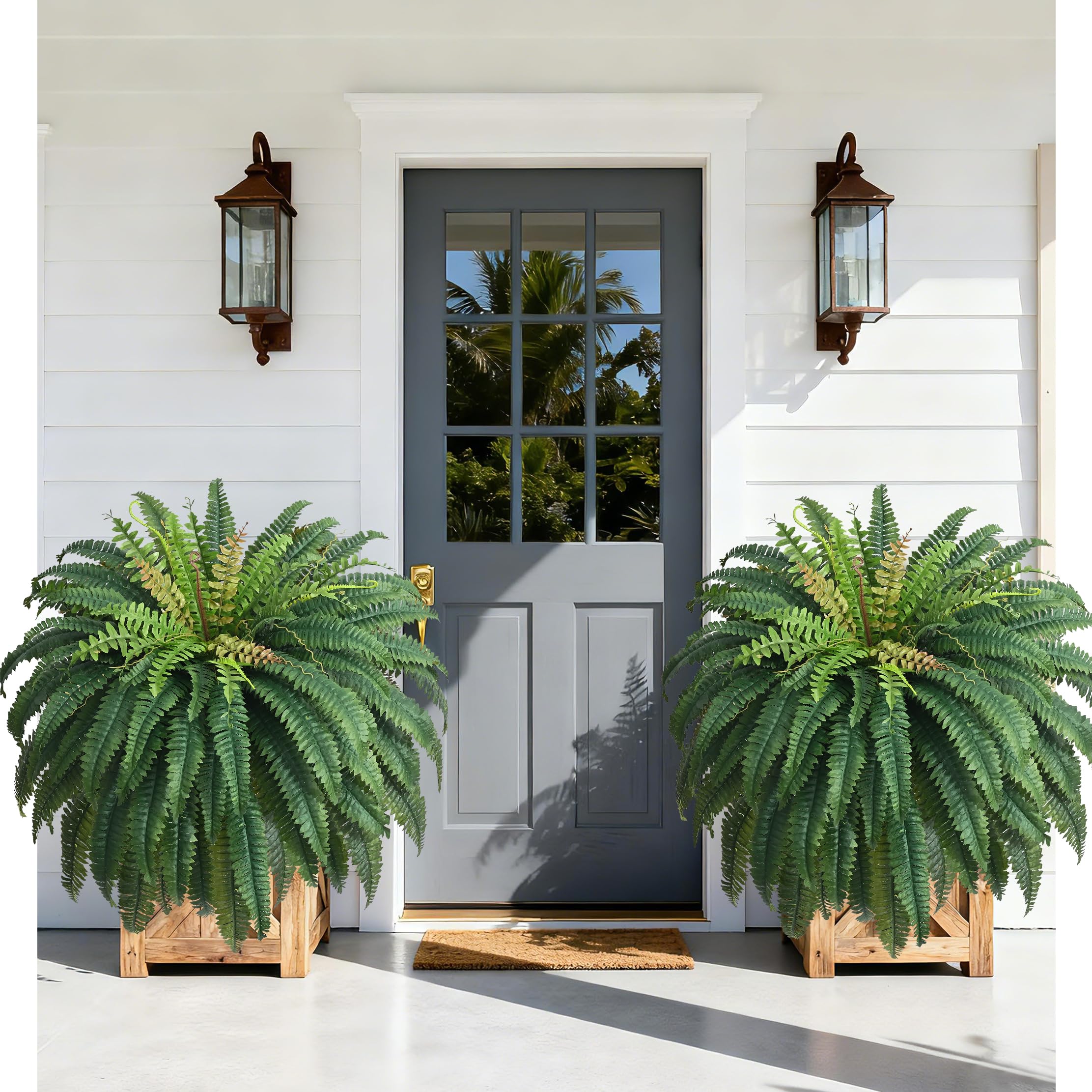 Waipfaru 48in fake fern set outdoors with 96 leaves for entryways.