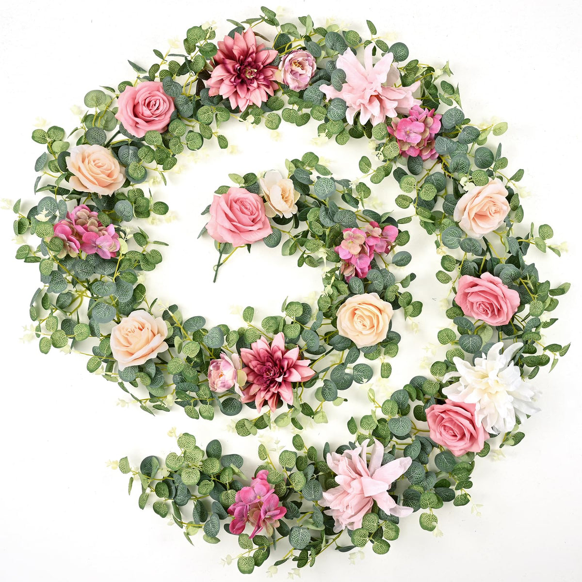 Waipfaru pink flower garland with roses enhances wedding decor