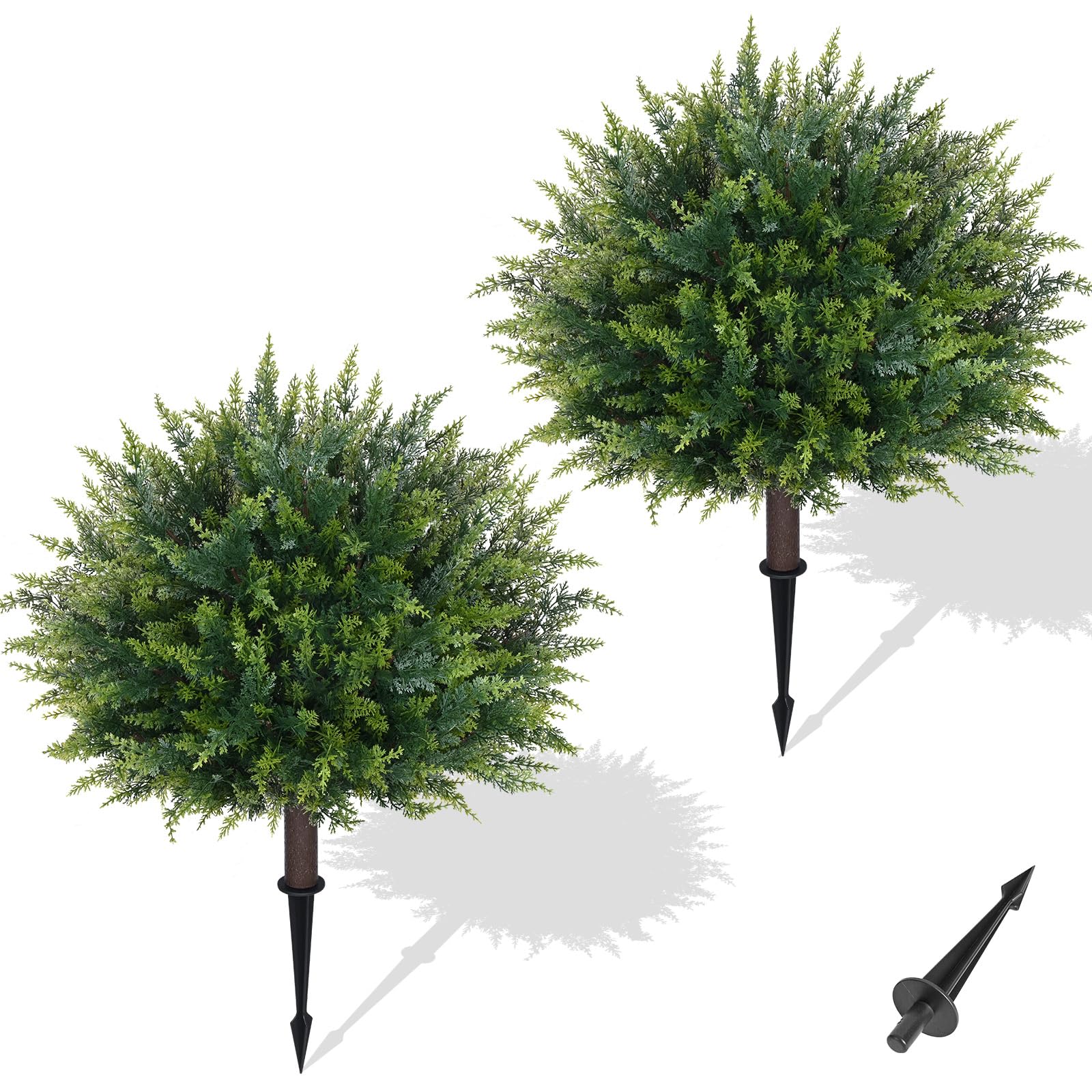 Waipfaru artificial cedar topiary with ground spike, quick and stable outdoor installation.