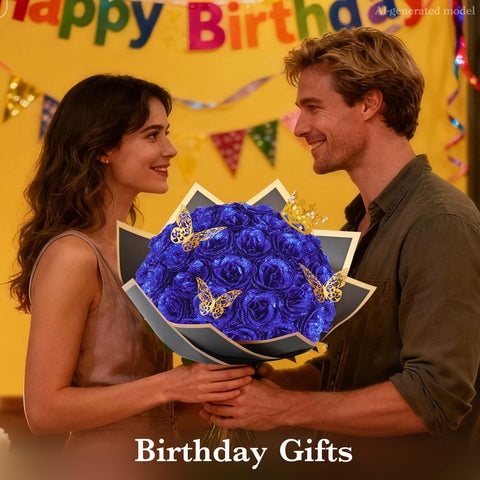 Waipfaru blue glitter rose bouquet—vibrant stems ready to brighten a celebration setting