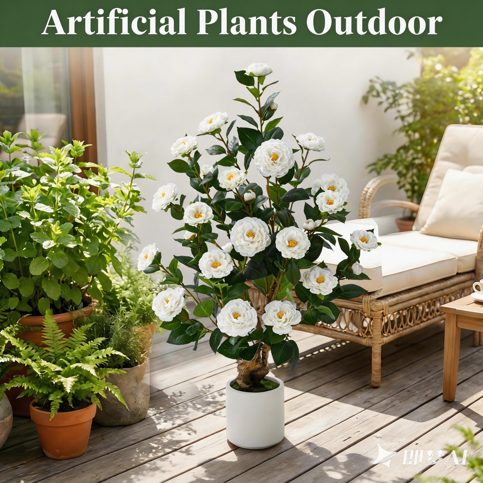 Waipfaru camellia tree 38inch decorative moss base for grounded display.