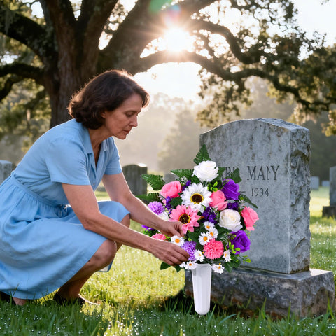 Waipfaru cemetery flowers colorful composition with daisies sunflowers and ferns