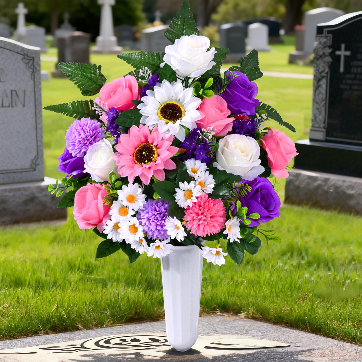 Waipfaru cemetery flowers double bouquet left vase for outdoor memorials