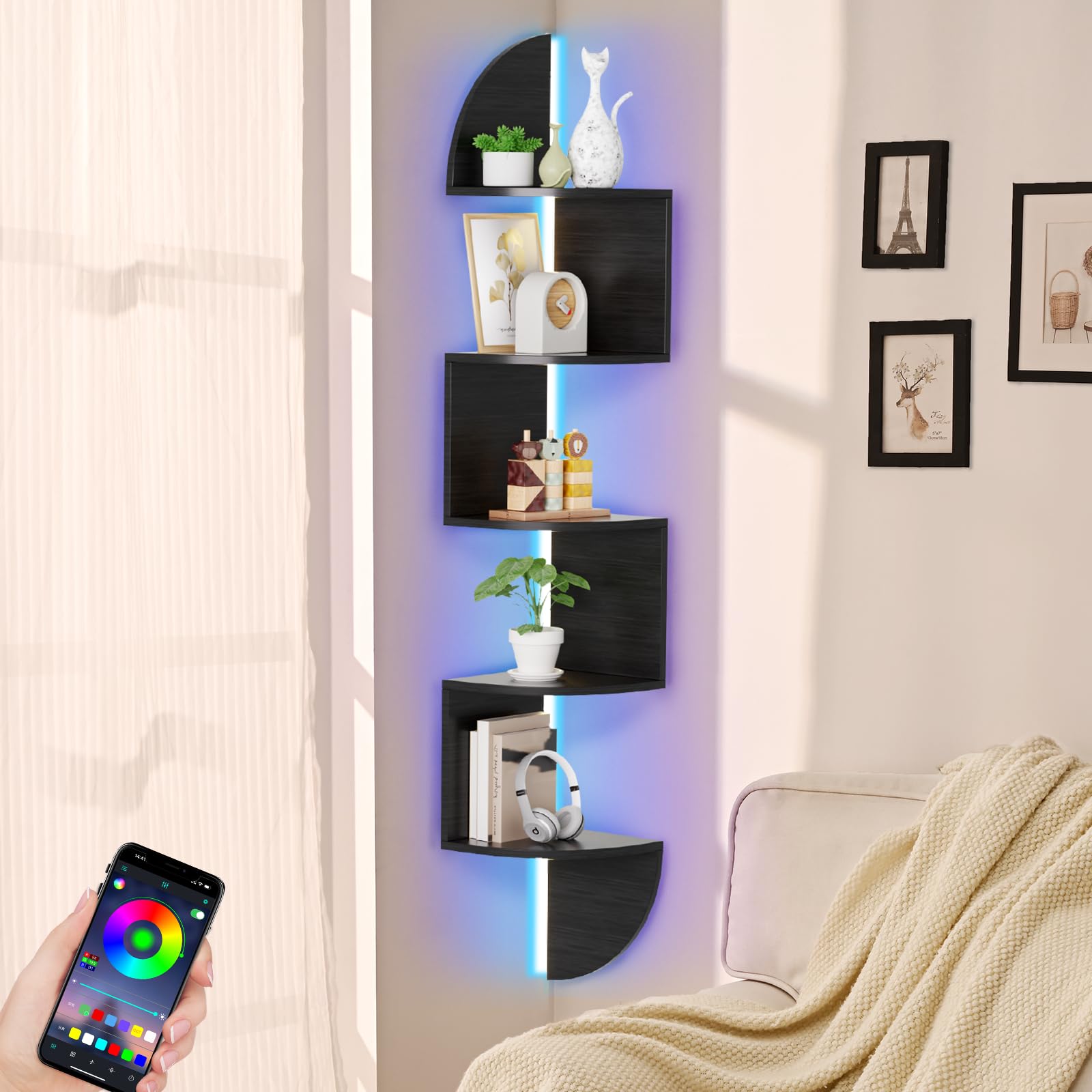 Waipfaru corner shelf with LED lighting highlighting decorative items.