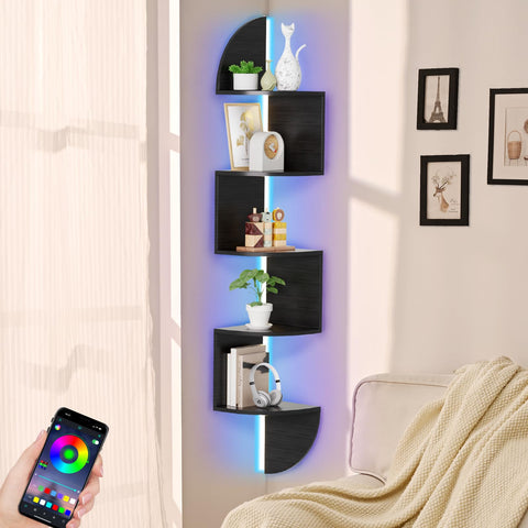 Waipfaru corner shelf with LED lighting highlighting decorative items.