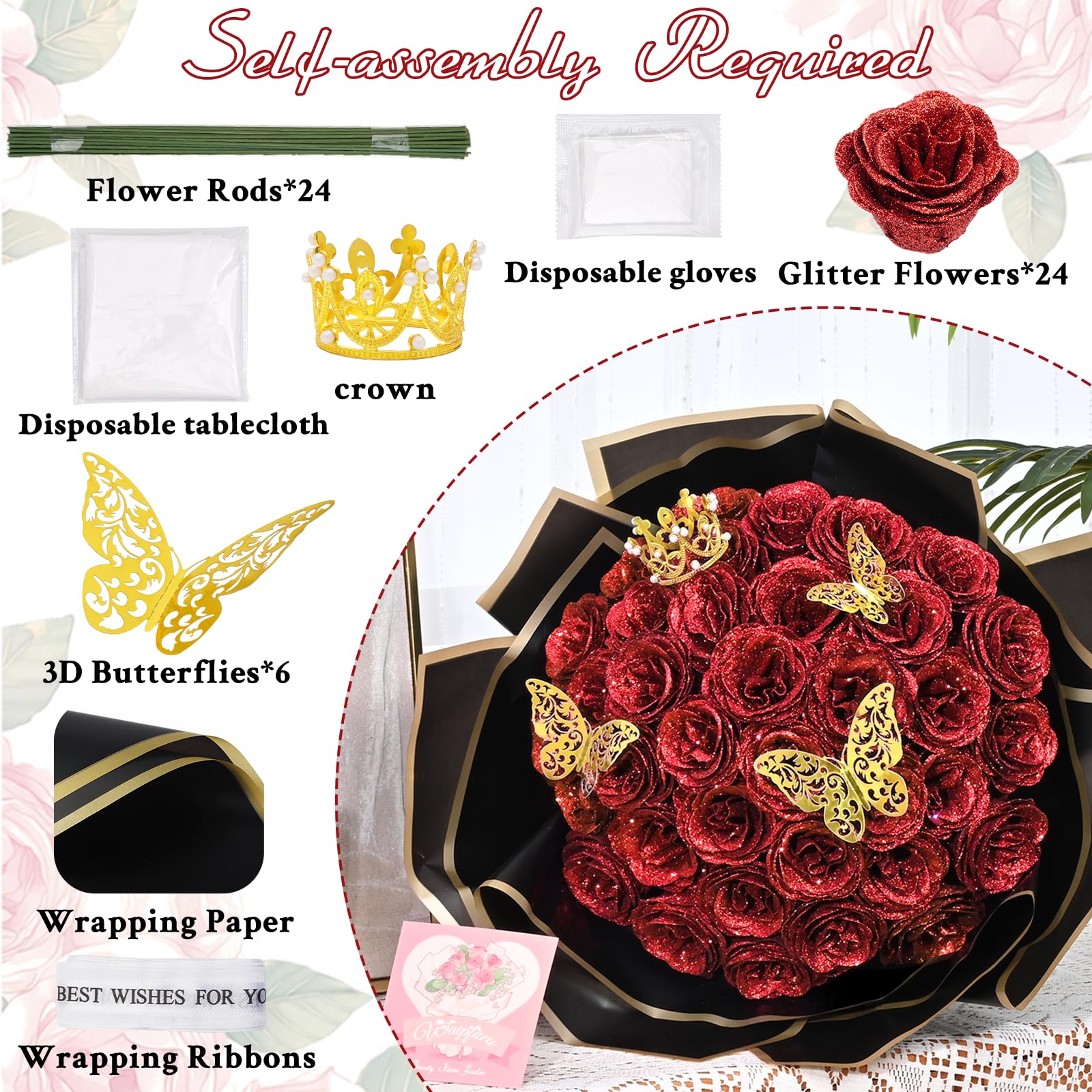 Waipfaru DIY kit contents, 24 roses and included supplies.