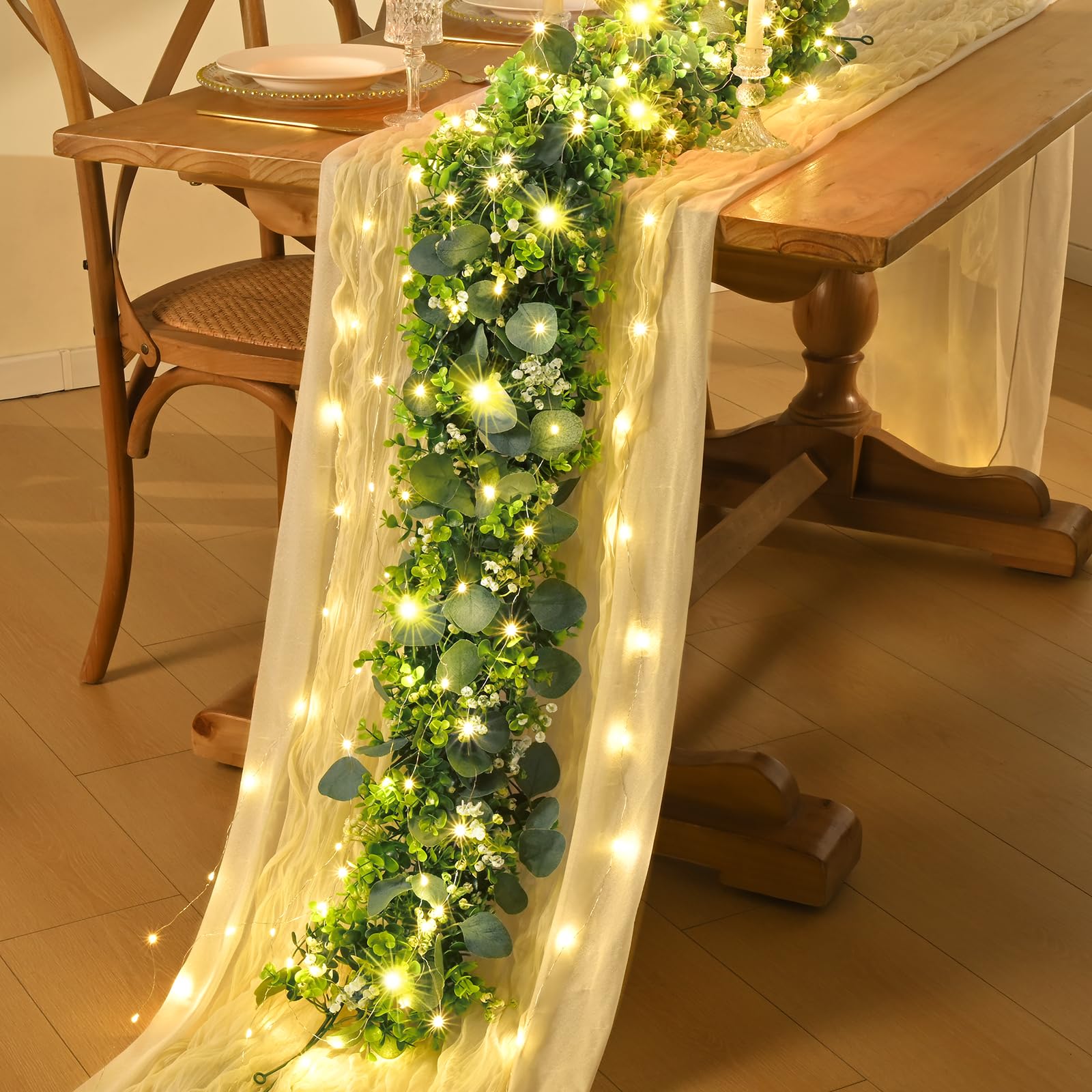Waipfaru garland with lights—soft warm glow enhances cozy indoor settings.