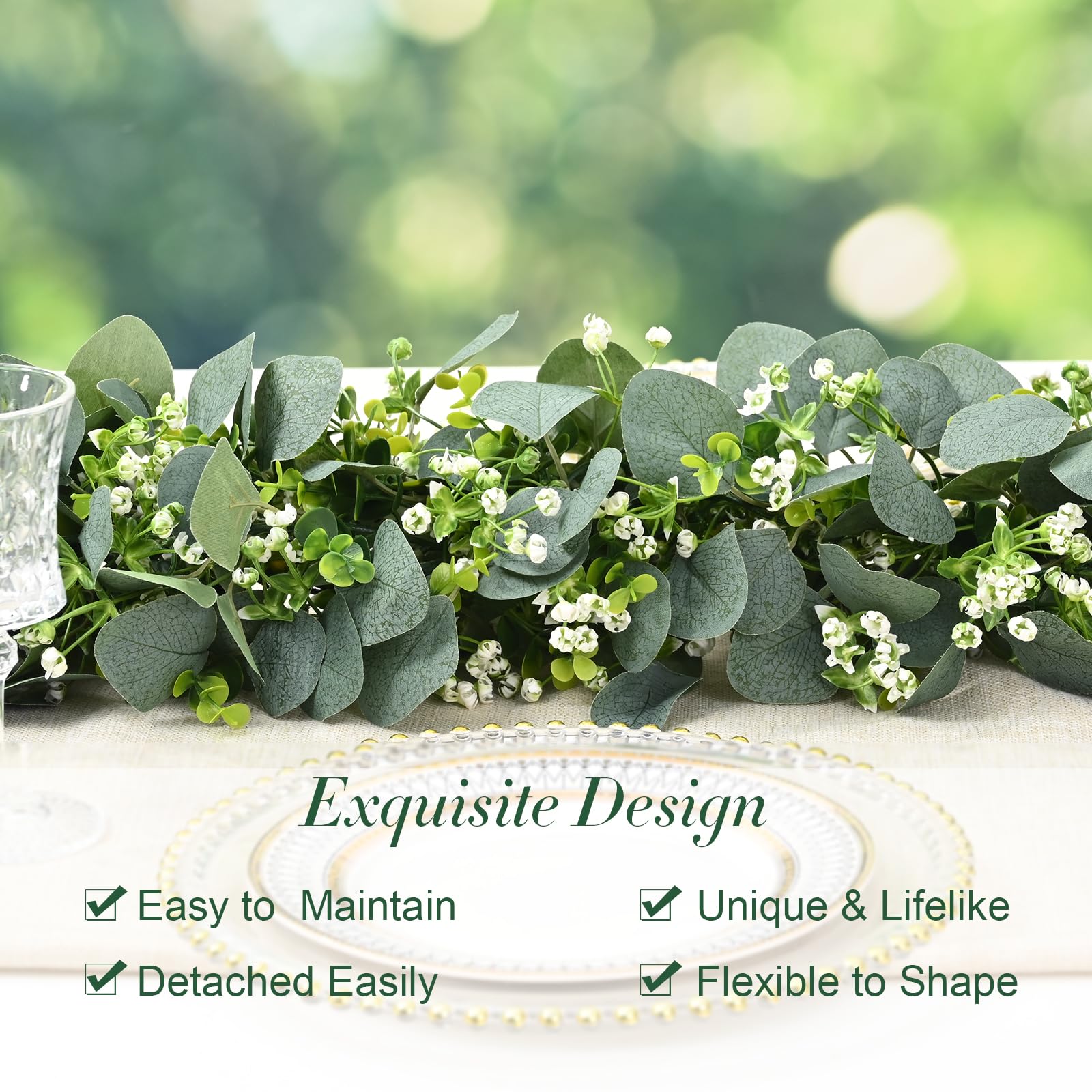 Waipfaru eucalyptus garland with white flowers for soft garden vibes.