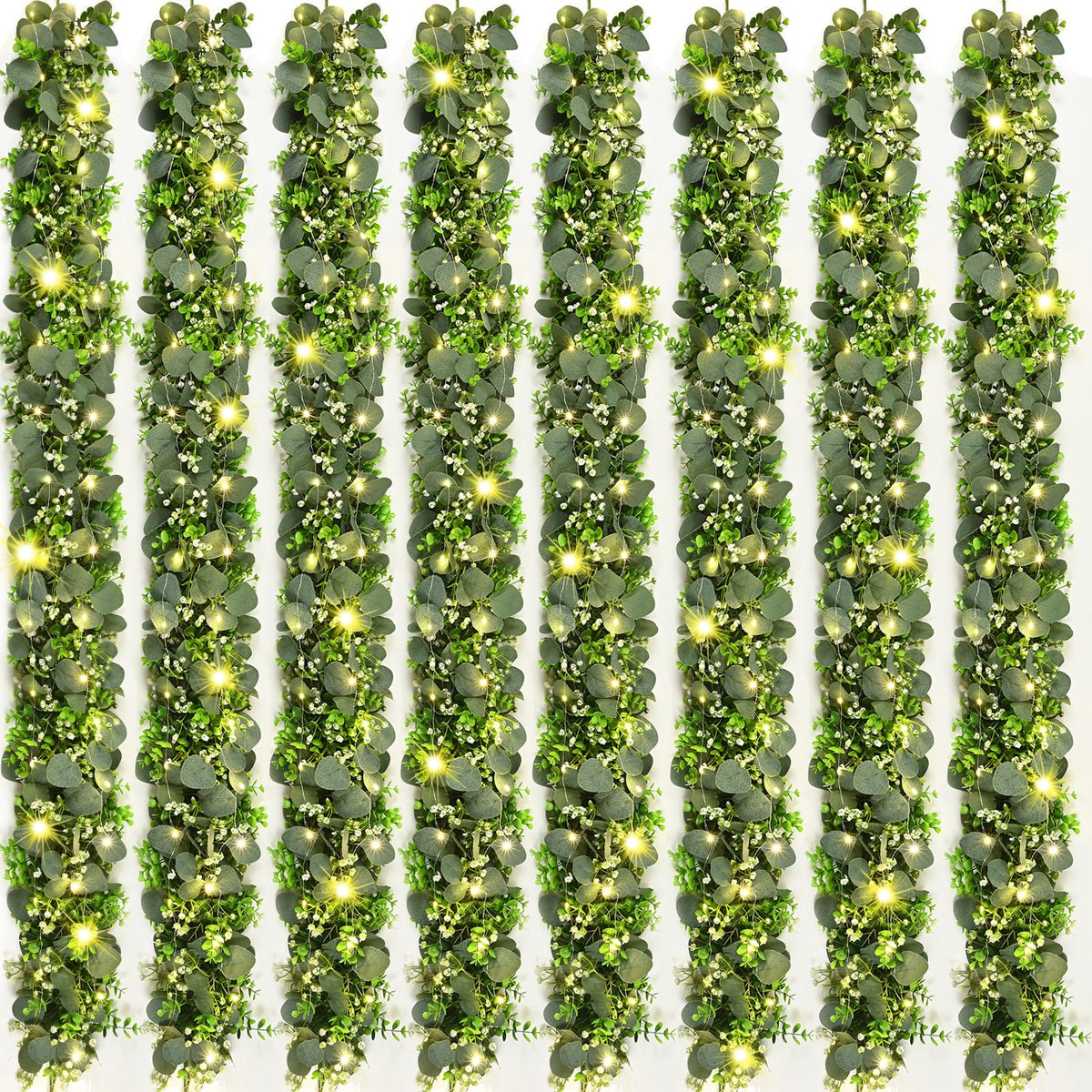 Waipfaru eucalyptus garland with lights—lush greenery for tables or mantles.