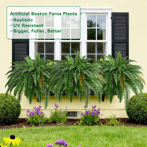 Waipfaru fake fern hanging basket creates a lush balcony display.