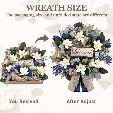 Waipfaru front-door wreath featuring lifelike magnolias and eucalyptus for versatile display.