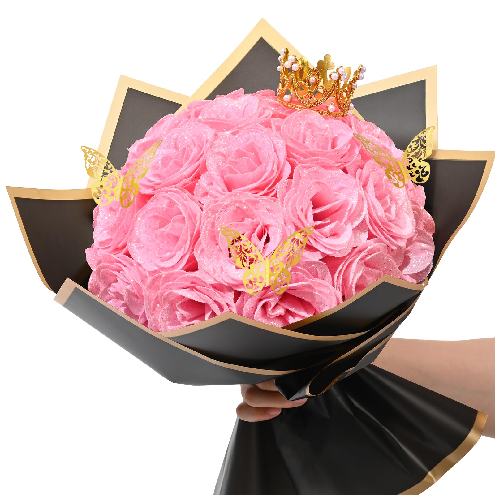 Waipfaru Glitter Roses Bouquet kit with 24 pink roses and crafting supplies for DIY