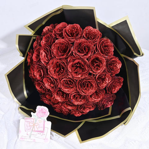 Waipfaru glitter roses bouquet, front view, ideal as a centerpiece.