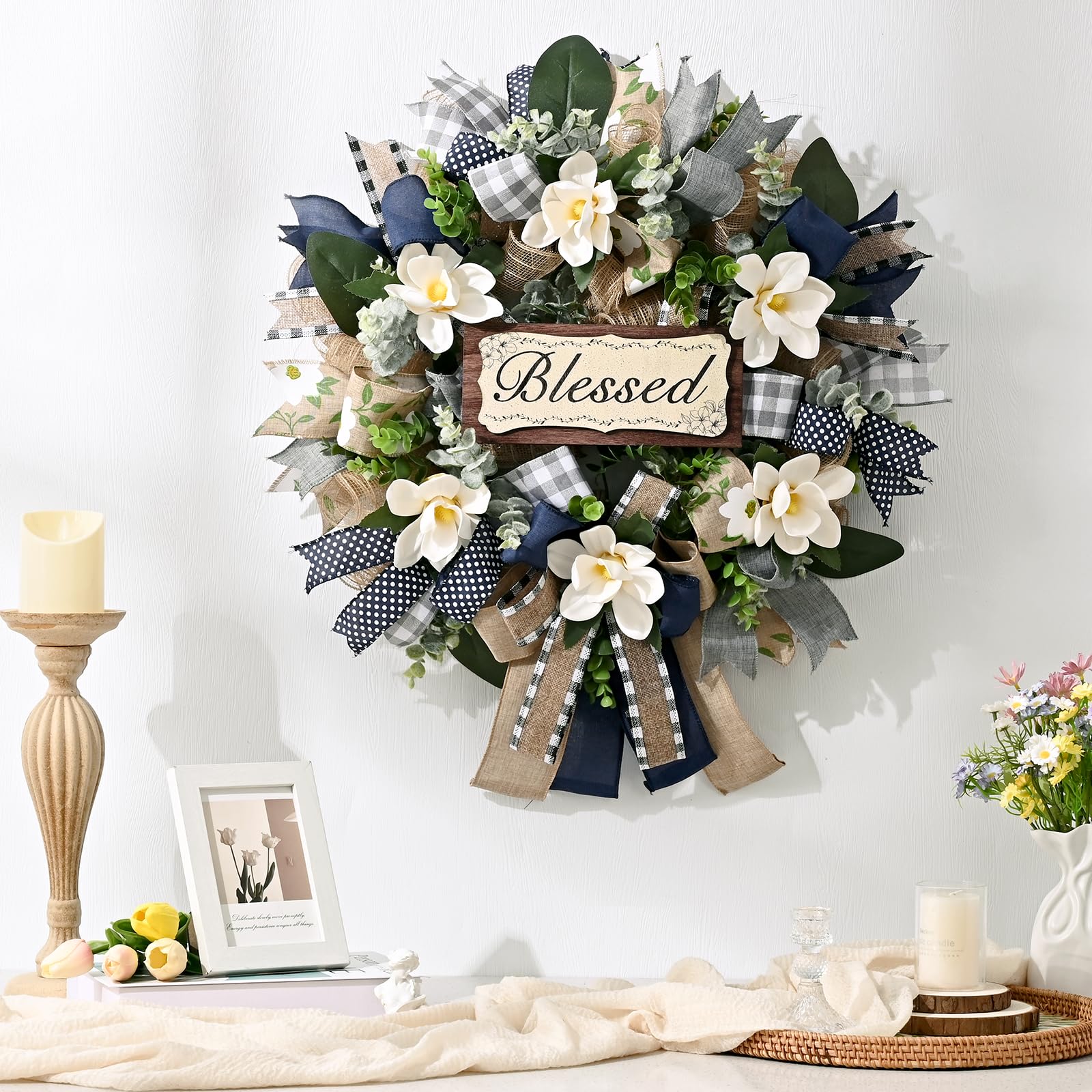 Waipfaru magnolia wreath enhances farmhouse patio decor with seasonal styling options.