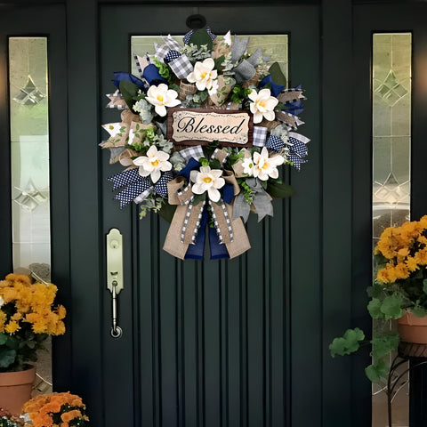 Waipfaru magnolia wreath includes blessing sign for thoughtful gifting