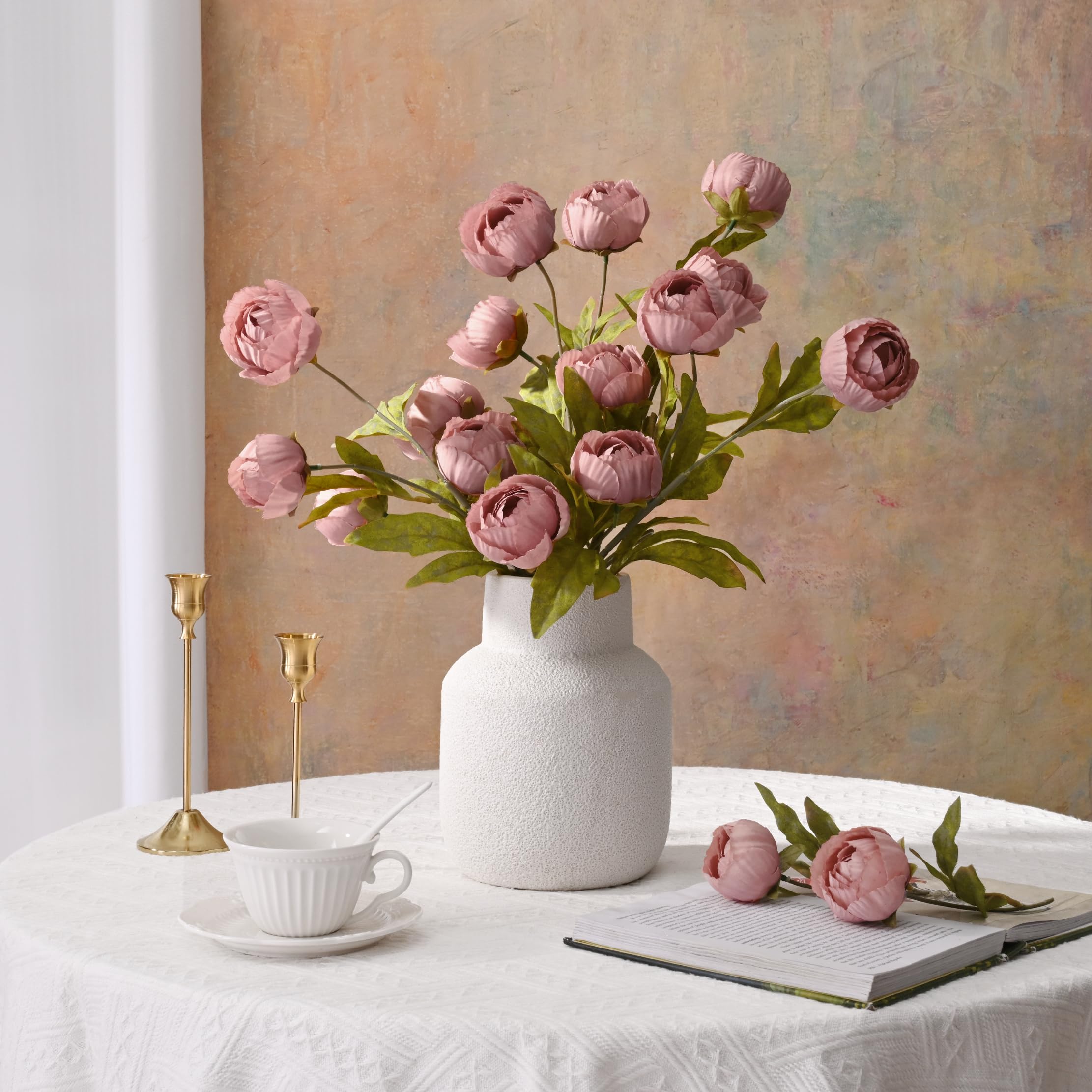 Waipfaru office decor peonies bring year-round color with easy upkeep.
