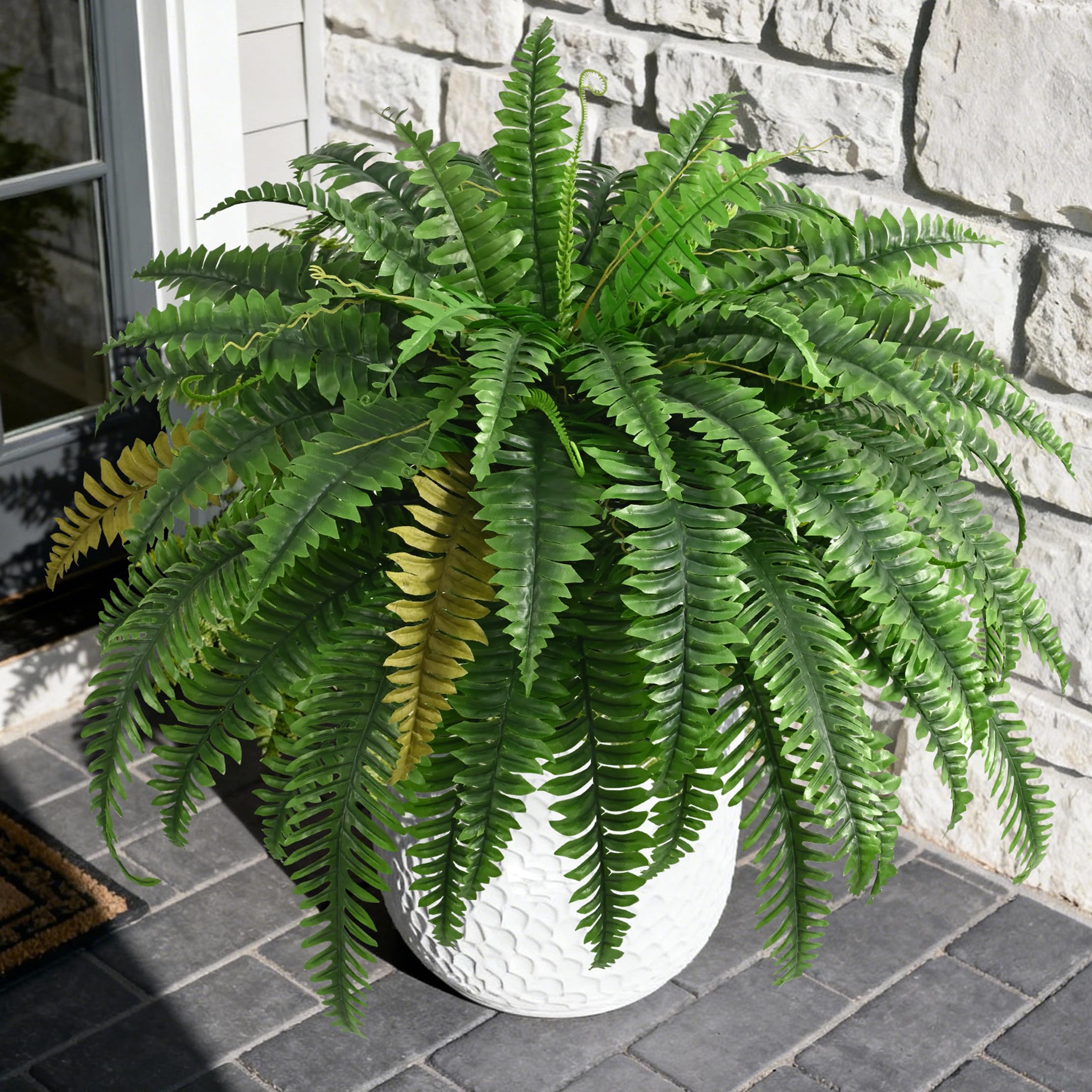 Waipfaru outdoor fake fern in porch setup adds instant greenery.