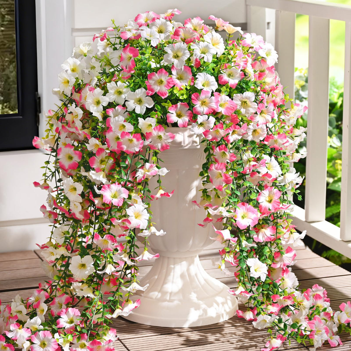 Waipfaru artificial petunias hanging pink and white for vibrant outdoor color with no maintenance.