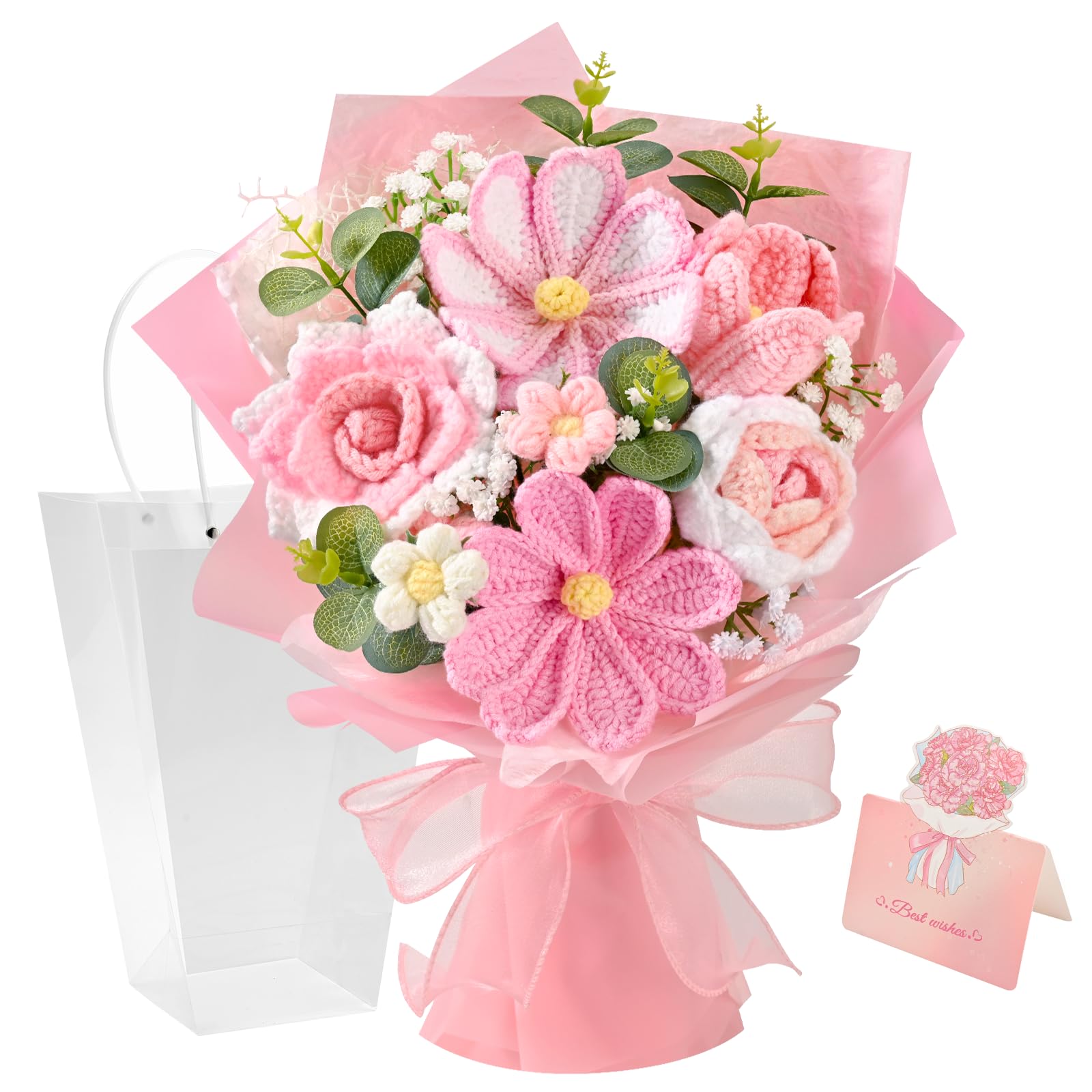 Waipfaru pink crochet bouquet with roses and tulips, a soft, lasting gift for any occasion.