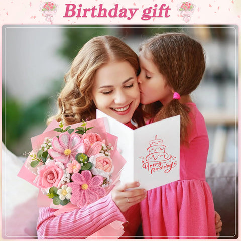 Waipfaru pink crochet bouquet tulips closeup showcases durable hand-stitching.