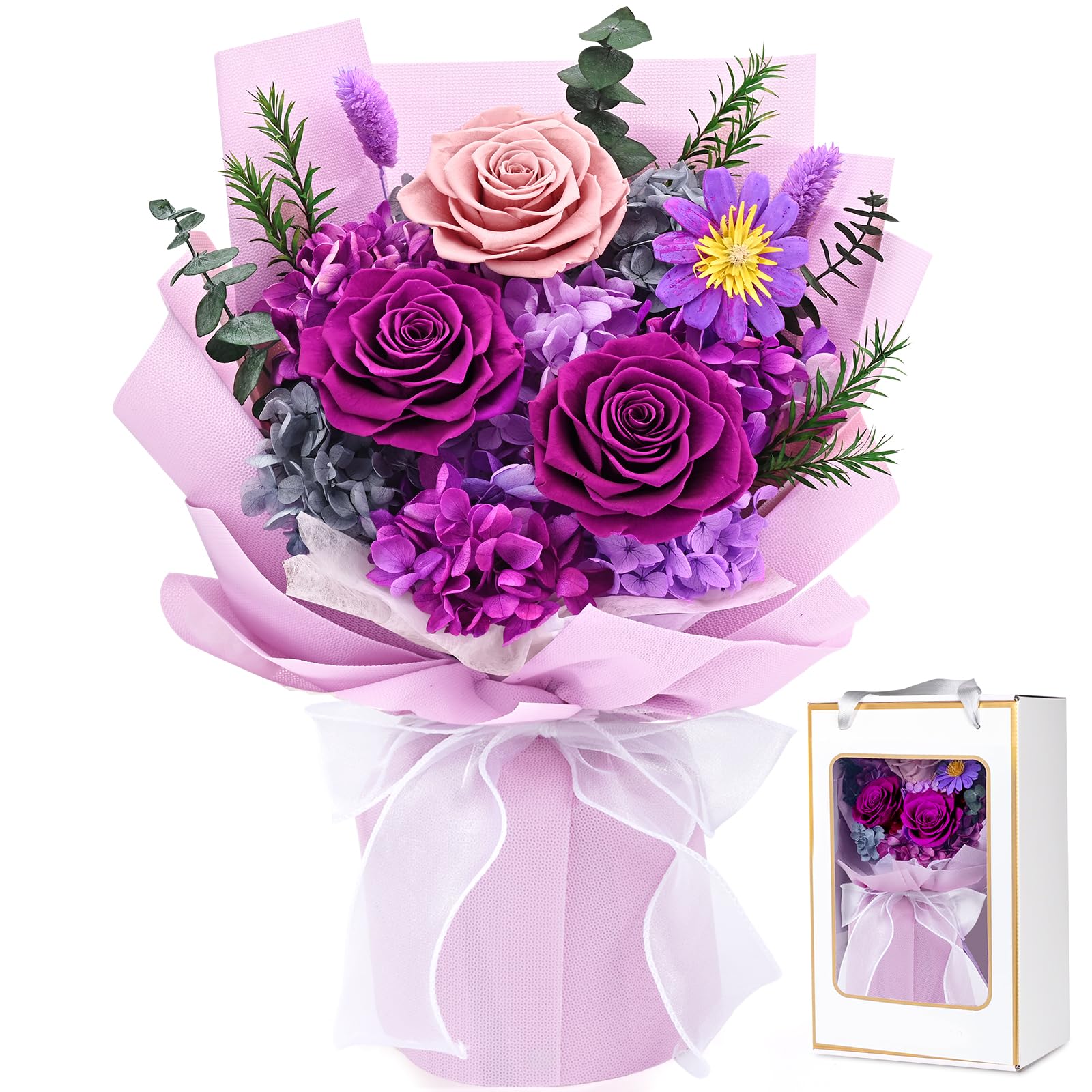 Waipfaru preserved flowers purple bouquet in a gift box, ready for gifting.