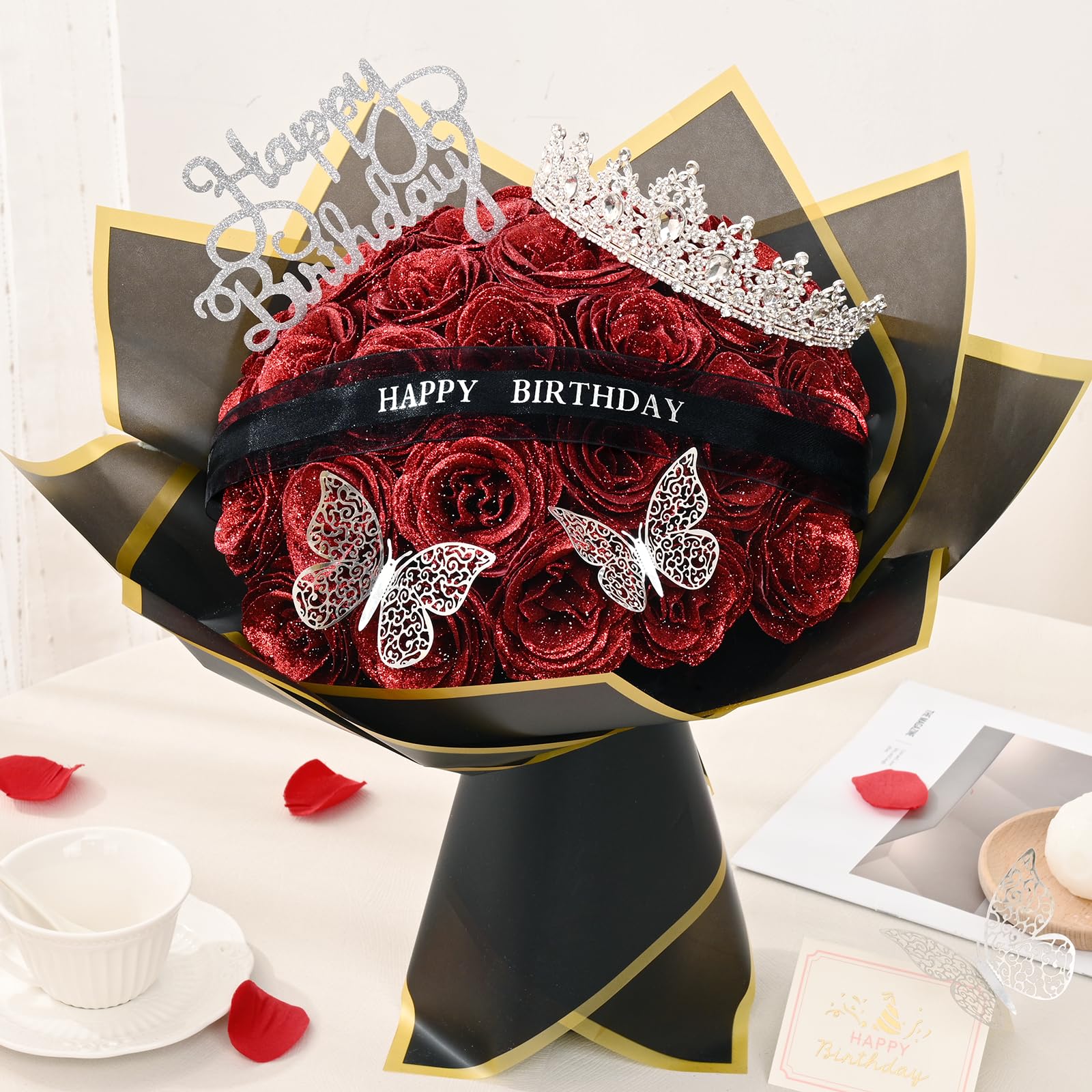 Waipfaru Rose Bouquet crown and ribbon add an elegant finish