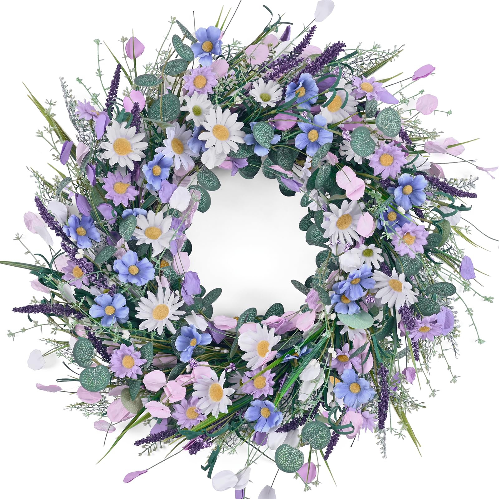 Waipfaru spring daisy wreath for front door with vibrant daisies and lavender
