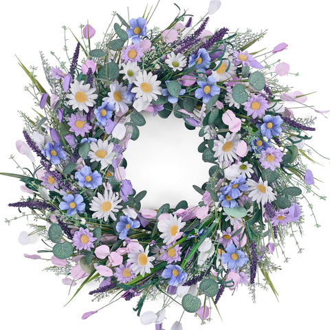 Waipfaru spring daisy wreath for front door with vibrant daisies and lavender