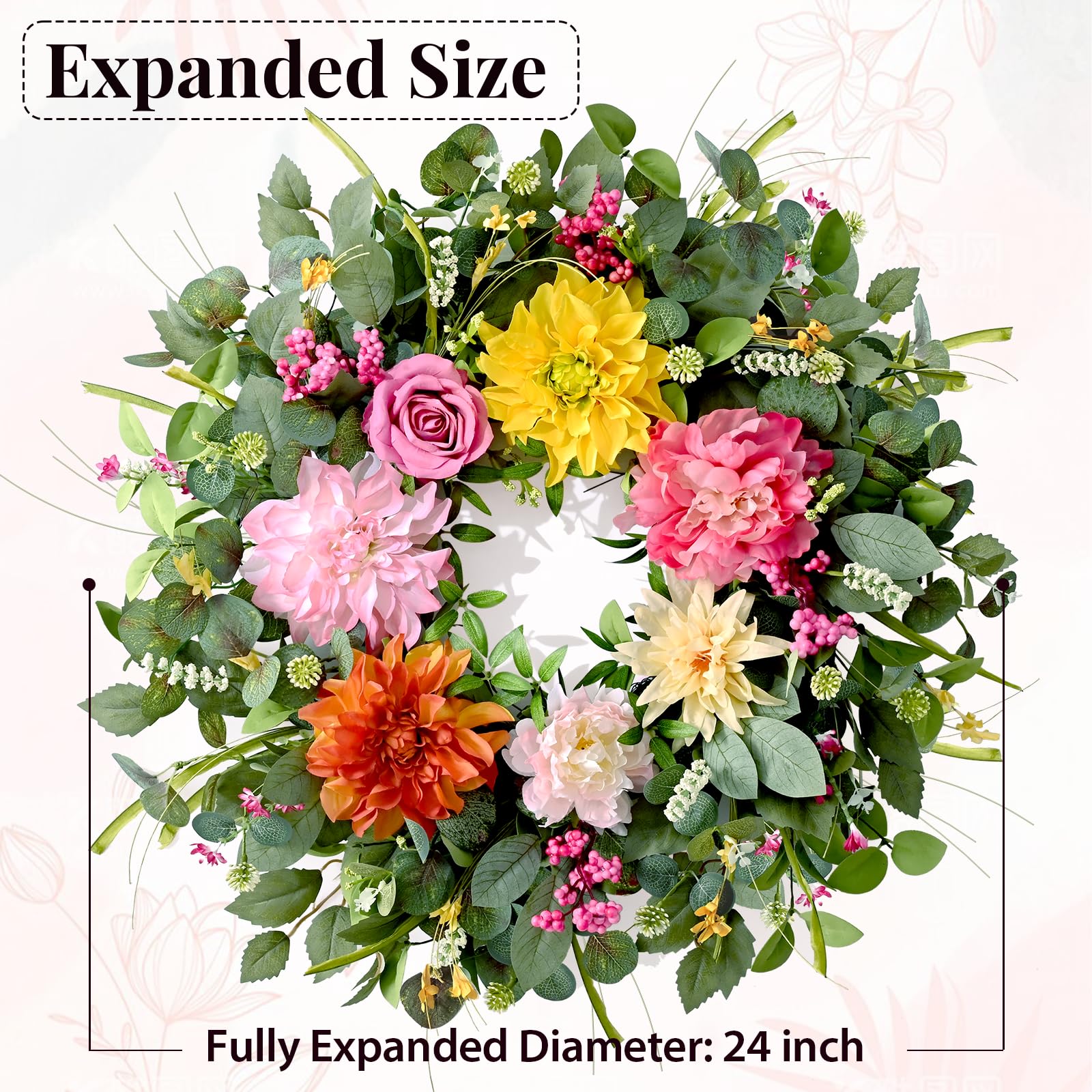 Waipfaru 24-inch wreath size ready for front door display.