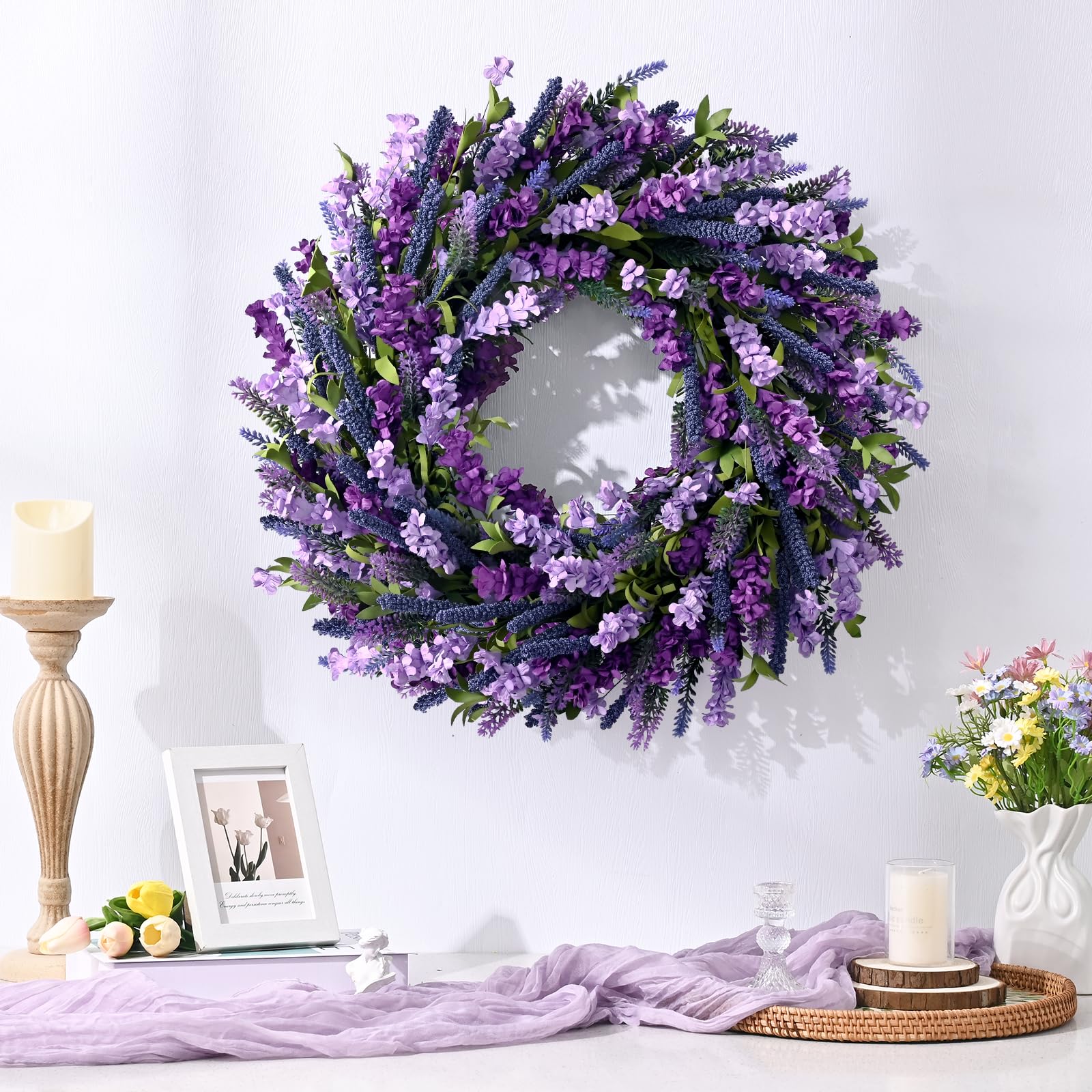 Waipfaru lavender-forsythia wreath closeup highlights lush petals and vibrant color.