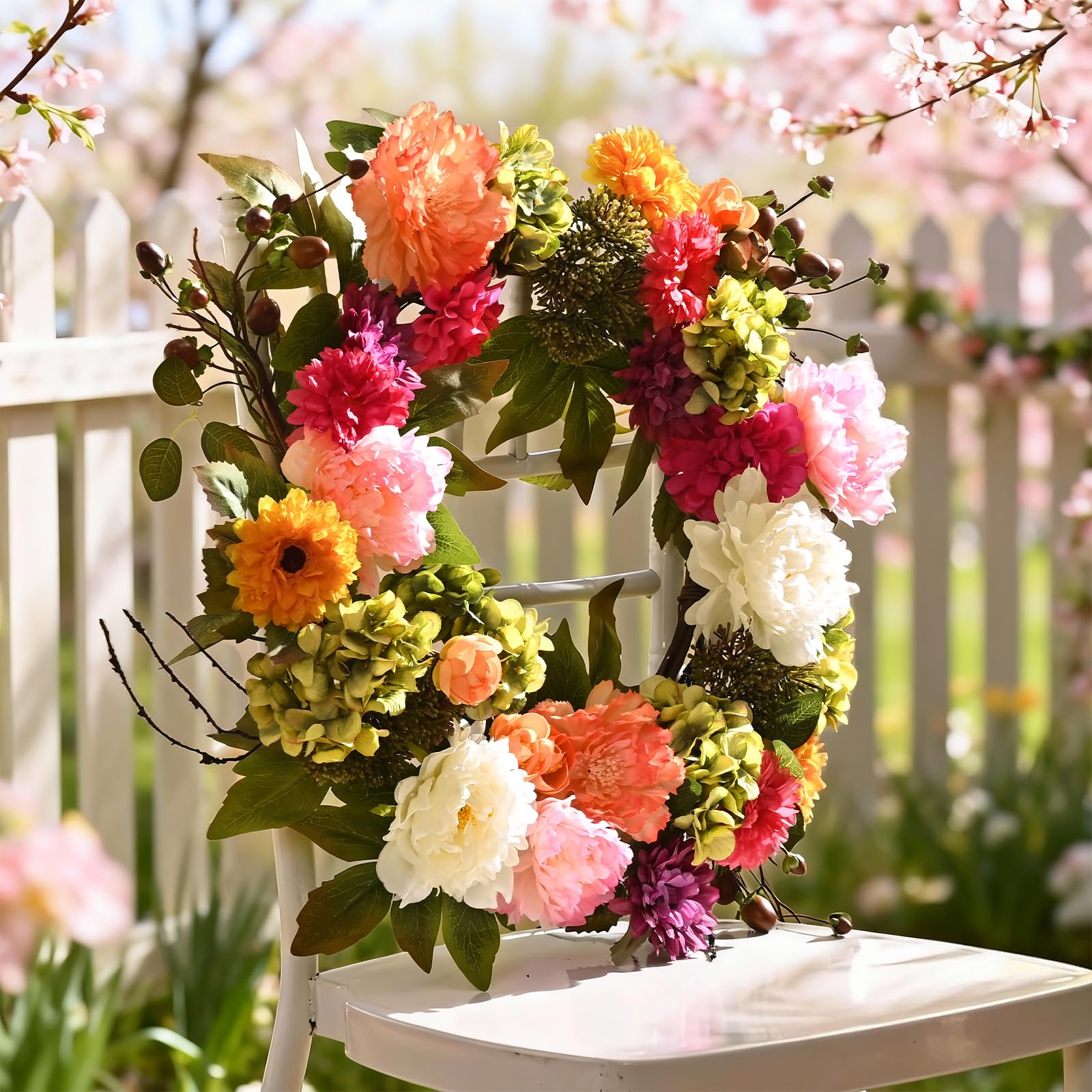 Waipfaru Spring Wreath with dahlia accents elevates mantel or entryway.