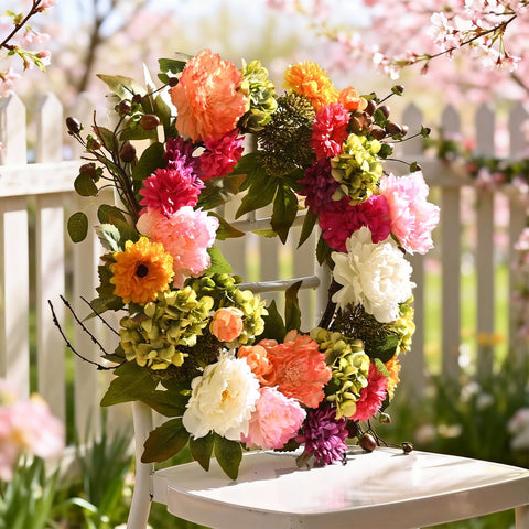 Waipfaru Spring Wreath with dahlia accents elevates mantel or entryway.