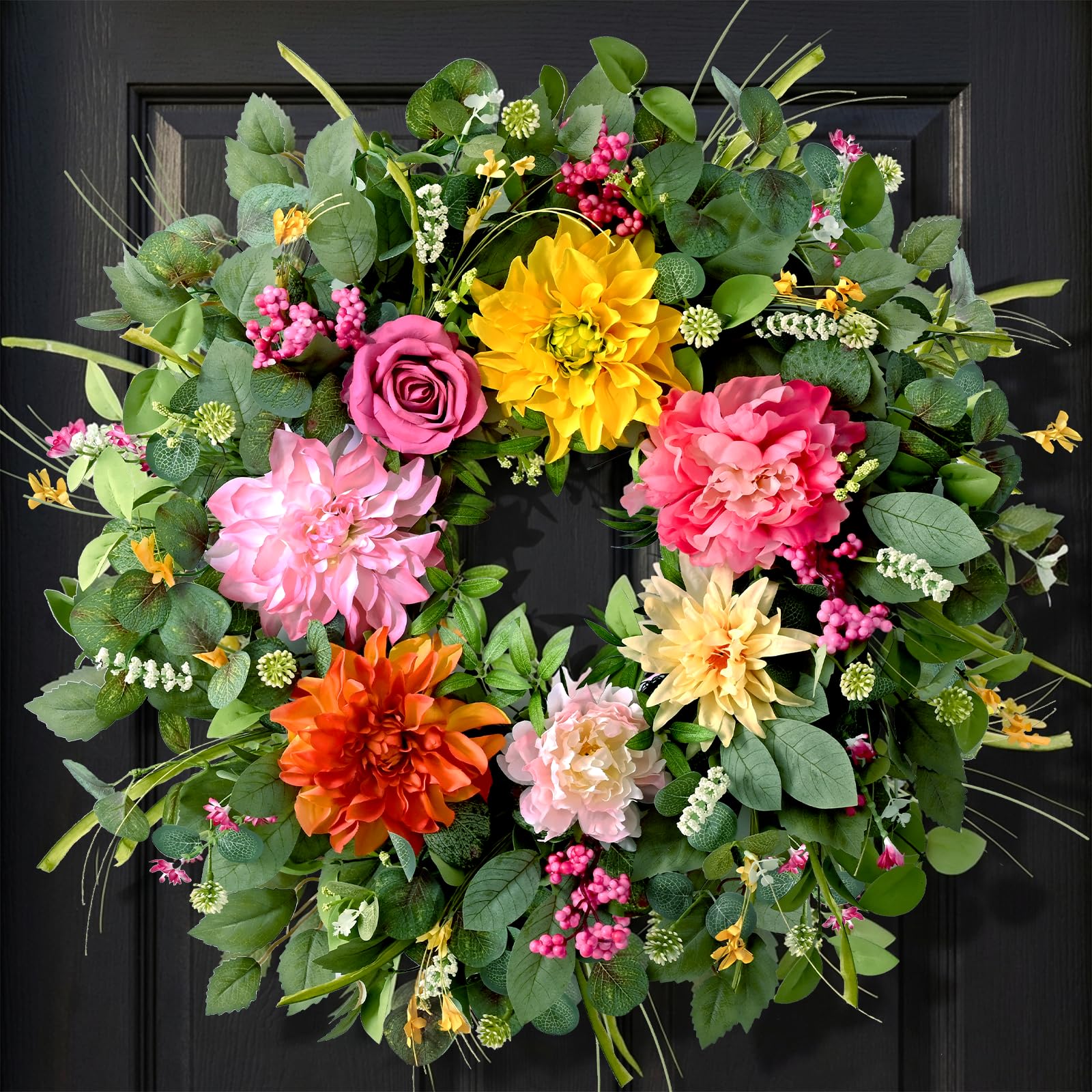Waipfaru spring wreath close-up of dahlias and peonies for curb appeal.