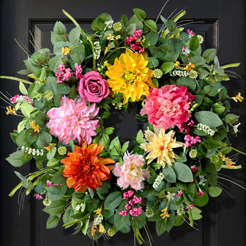 Waipfaru spring wreath close-up of dahlias and peonies for curb appeal.