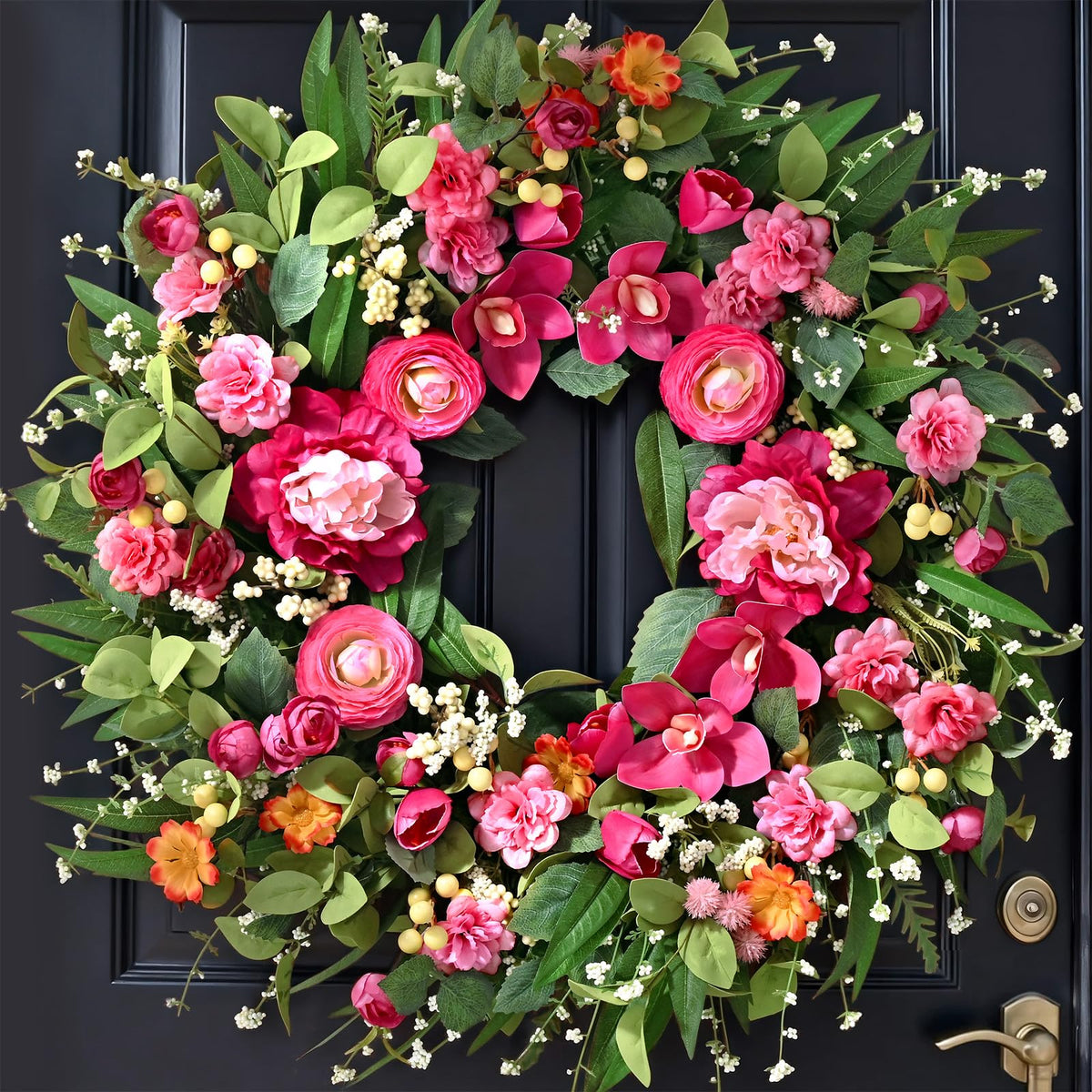 Waipfaru 26-inch spring wreath on front door for a bold welcome.